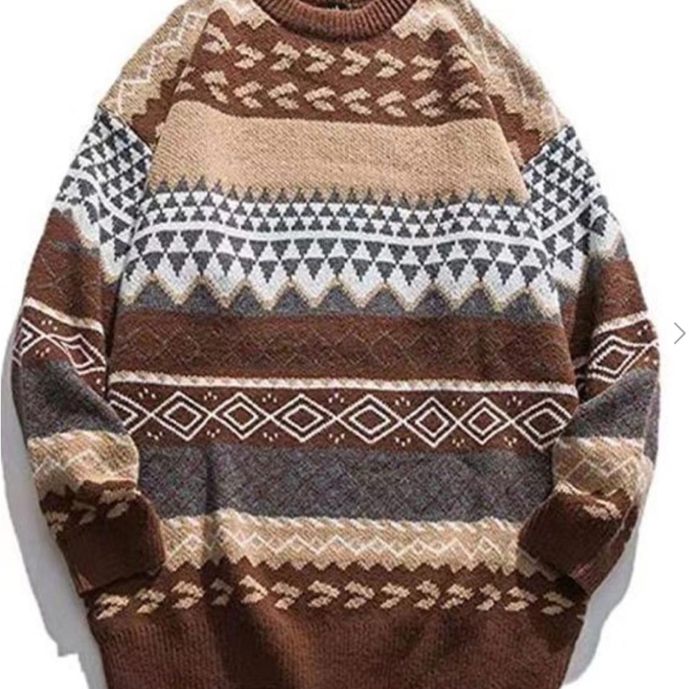 Emmiol Brown and Gray Crewneck Sweater with Nordic Patterns